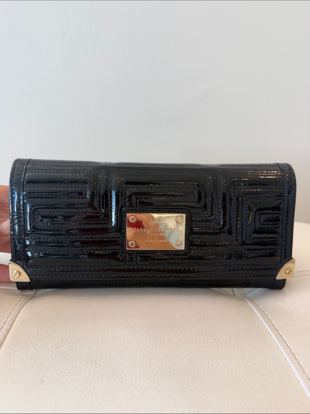 Versace Black Patent Leather Quilted Wallet with Gold Plaque